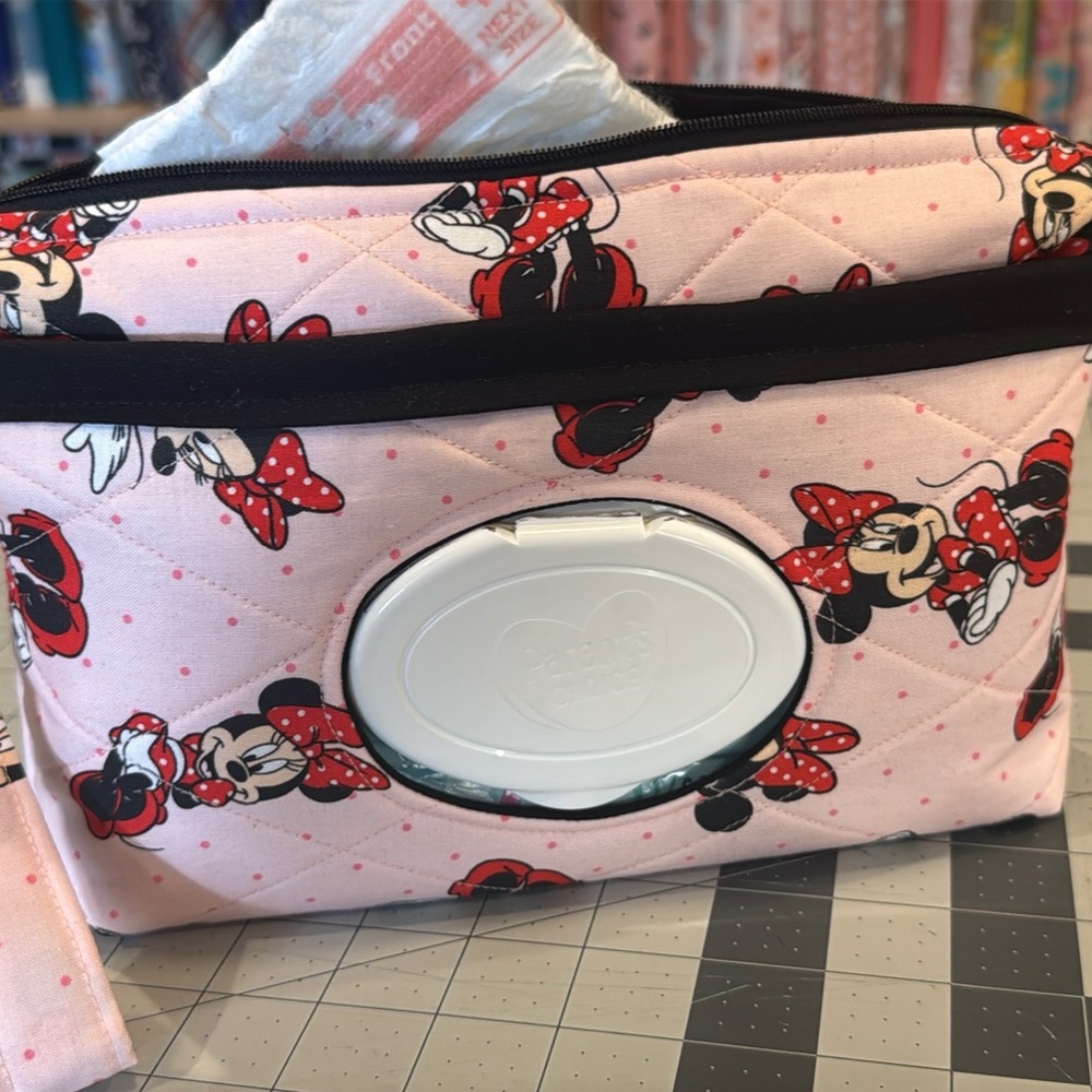 Pink Minnie Mouse Quilted baby wipe and diaper bag